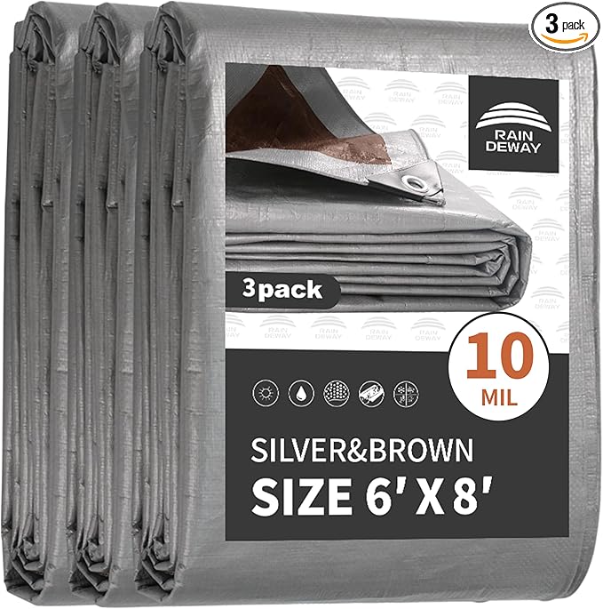 Tarps Heavy Duty Waterproof 6x8 Feet (3 Pack), 10Mil Multipurpose Tarp Cover with Metal Grommets and Reinforced Edges, Silver/Brown Tarp by RAINDEWAY