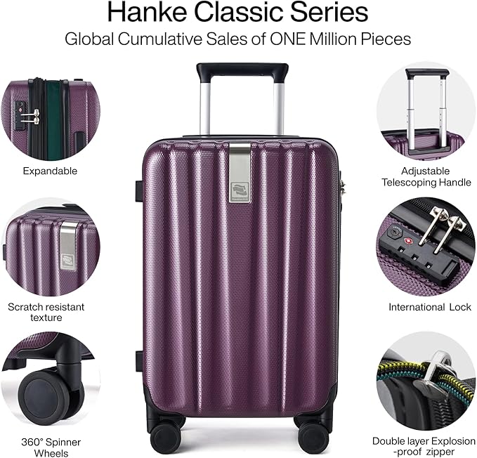 Hanke 24 Inch Expandable Checked Luggage Lightweight PC Hard Case luggage Suitcases with Wheels Travel Luggage Rolling Large Suitcase Travel Luggage Bag for Go To University (Purple)