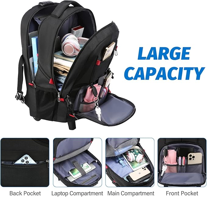 LOVEVOOK Rolling Laptop Backpack with Wheels, Waterproof Travel Carry On Business Backpack for Men, Fits 17 inch (17 inch, Black)