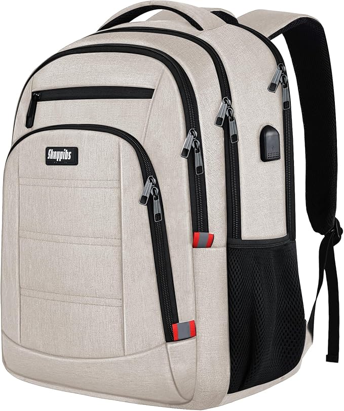 Travel Laptop Backpack for Women, School Backpack with USB Charging Port,Water Resistant Backpack for Girls, Business Work College bookbag,book bag Fits 15.6 Inch,Beige Back Pack