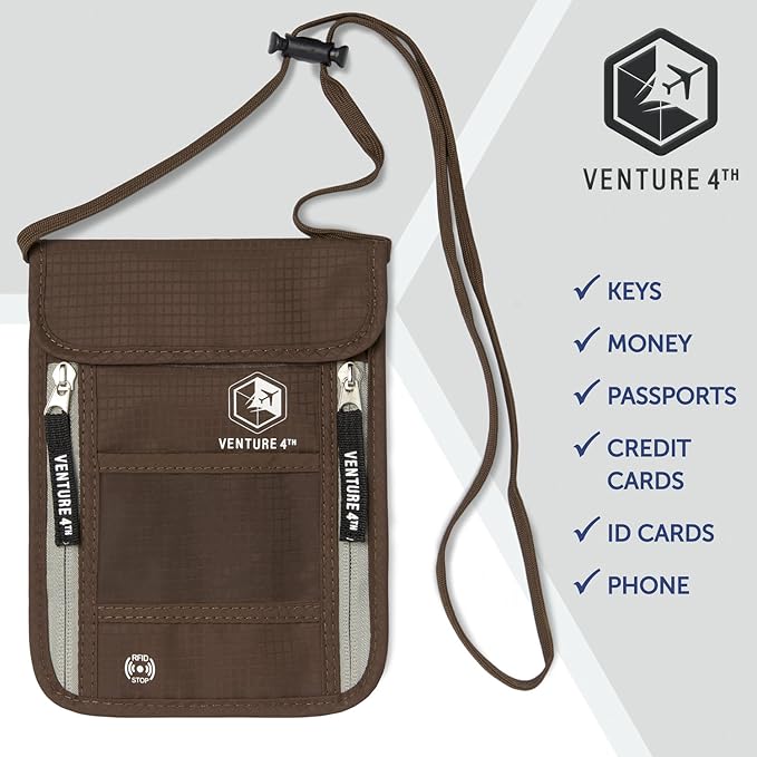 VENTURE 4TH Passport Holder Neck Wallet with RFID Blocking Nylon Lining - Hidden Neck Pouch for Travel (Brown)