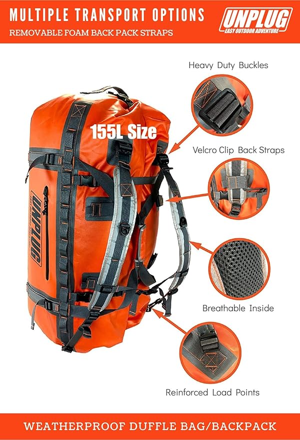 UNPLUG Ultimate Adventure Bag | 1680D Heavy Duty Waterproof Bag | Large Travel Duffle Bag which can be Used for Camping, Motorcycling, Boating, or Hunting (65L Adventure Orange)