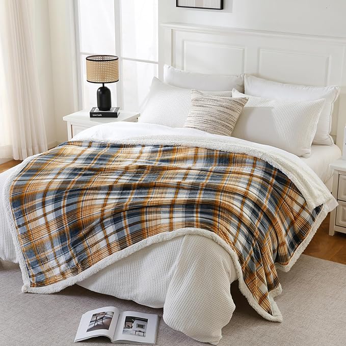 PU MEI Sherpa Blanket Twin Plaid Thick Bed Blanket, 60”*80” Super Soft Flannel Fuzzy Fleece Reversible Velvet Plush Warm Blanket for Couch (Blue Yellow Check)