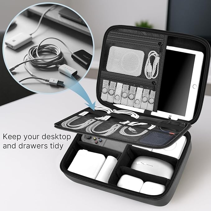 Electronics Organizer Travel Case for MacBook Power Adapter Charger Cables, Double Layer for Mouse, Power Banks, IPad, Airpods, for Apple Pencil, USB Flash Disk SD Card and Other Accessories - Black