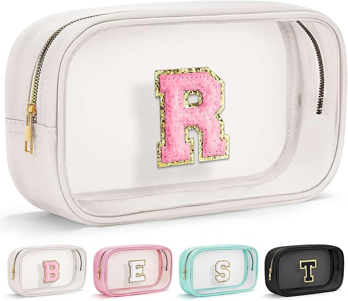 YOOLIFE Initial Make Up Bag Travel Toiletry Bag, Clear Makeup Bag Preppy Cosmetic Bag Clear Makeup Bags With Zipper Girlfriend Teacher 6 Year Old Girl Gifts Daughter Gifts Swim Gifts For Girls White R