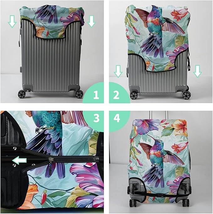 Luggage Cover Suitcase Protector + Tag, Hummingbirds Travel Cover for 22-24 inch Luggage (M), Concealed Zipper, Washable, Elastic, Dustproof, Anti-Scratch