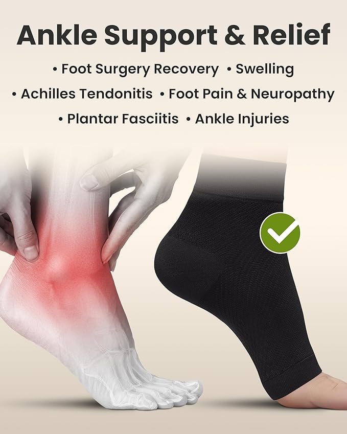 KEMFORD Ankle Compression Sleeve - 2-Pack, Plantar Fasciitis Braces - Open Toe Compression Socks for Swelling, Sprain, Neuropathy, Foot Arch Support for Men and Women - 20-30mmhg, M, Black