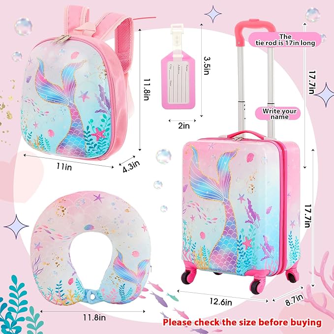 Sanwuta 4 Pcs Kids Luggage Set Kids Backpack Travel Rolling Suitcase with Wheels U-shape Pillow Childrens Gift for Girls Boys(17 Inch,Mermaid's Tail Style,Blue Purple)