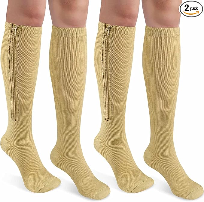 CASMON 2 Pairs Zipper Compression Socks for Women & Men, 15-20 mmHg Closed Toe Knee High Support Sock with Zipper for Varicose Vein Edema