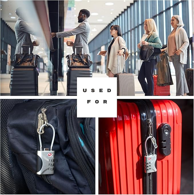TSA Approved Luggage Locks - Small Combo Travel Padlock with Cable, TSA 007 Suitcase & Backpack Security, Durable & Easy to Use (Black+Silver)