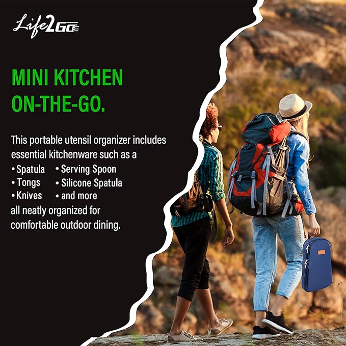 12 Pcs Camp Cooking Utensil Set & Outdoor Kitchen Gear Cookware Kit, Portable Compact Carry Case for Camping, Hiking, Travel, BBQ Grilling Stainless Steel Accessories Spoon & Fork, Navy