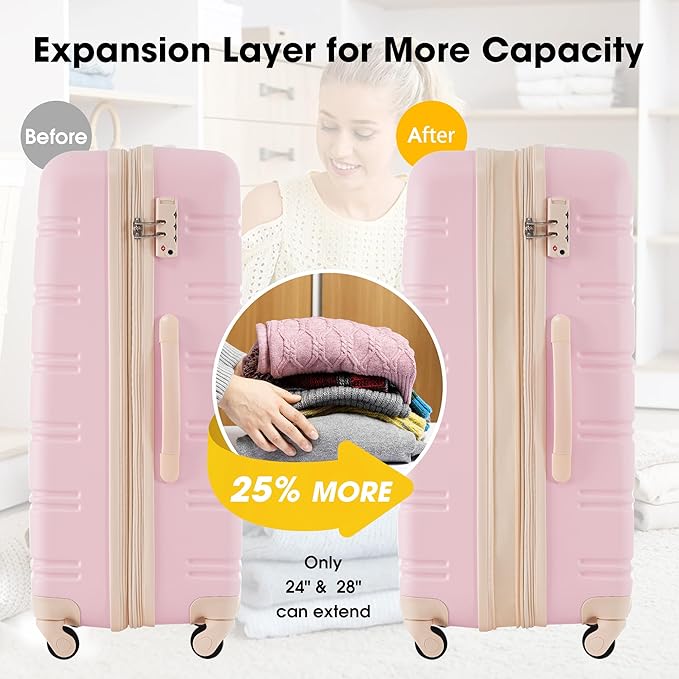 Merax Luggage sets of 2 Piece 20 24 IN Carry on Luggage Hard Case White Pink Luggage Expandable Checked Luggage Suitcase Set with Wheels