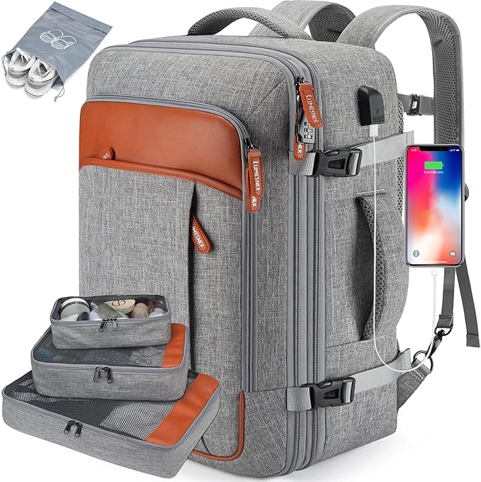 Carry on Travel Backpacks, Extra Large 40L Flight Approved Bag for Men & Women,Expandable Suitcase Backpack With 4 Packing Cubes,Water Resistant Luggage Daypack Business Weekender Bag,Grey