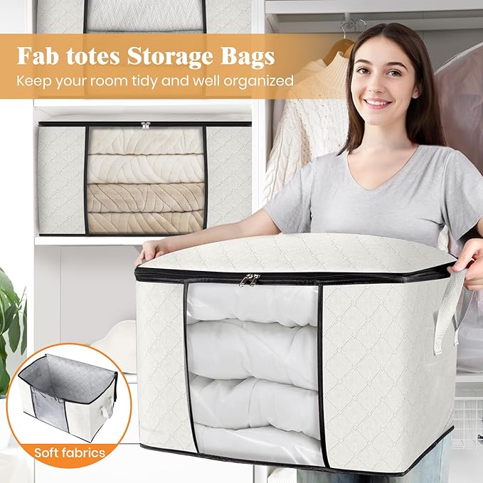 Fab totes 24 Gallons Clothes Storage, Foldable Thick Fabric Blanket Storage Bags, Containers for Organizing Bedroom, Closet, Clothing, Comforter, Organization with Handle (6 Pack,Ivory)
