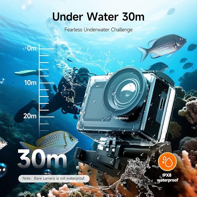SVBONY SVGo2 Action Camera 4K30FPS 50MP, 5X Zoom Touch Screen Sports Camera, Waterproof Cameras,6-Axis EIS with Floating Selfie Stick, Wired Microphone, 2 Batteries, for Sports Vlog