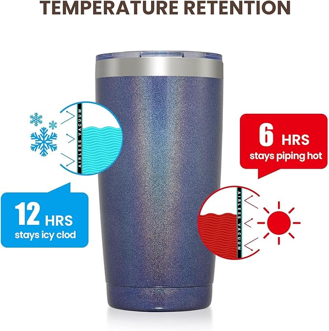 MEWAY 20oz Tumbler Double Wall Vacuum Insulated Travel Glitter Mug,Stainless Steel Tumblers with Lid and Straw, Powder Coated Coffee Cups for Woman (Rainbow Navy,1)
