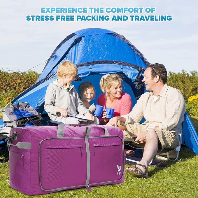 Bago Big XXL Foldable Duffel Bags for Traveling Women & Men - 140L Packable Duffle Bag for Travel with Shoe Compartment - Water Repellant, Heavy Duty, Lightweight Folding & Collapsible (Purple)
