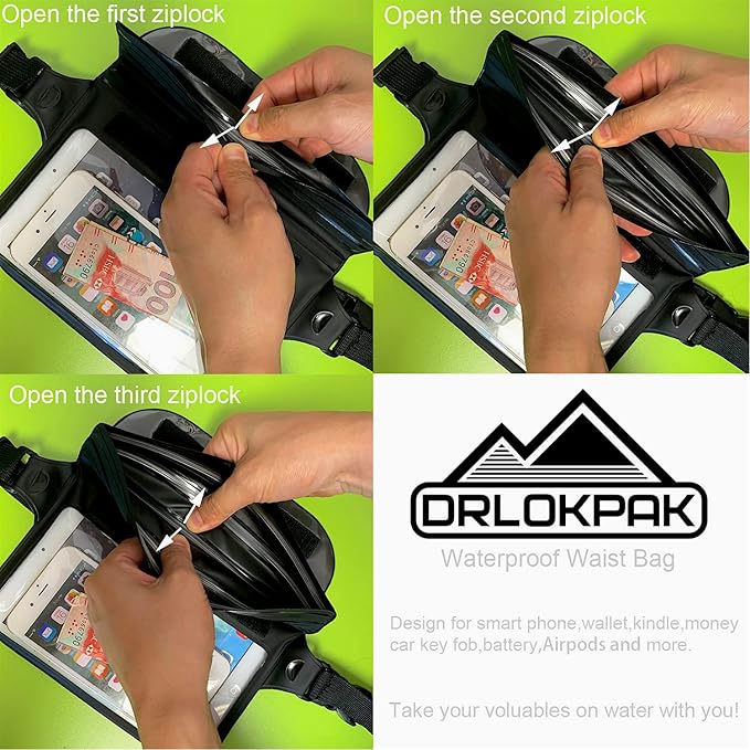 DRLOKPAK Waterproof Waist Bag Pouch Fanny Pack Bum Bag with Secret Holder Keeps Your Phone Kindle Wallet Watch & Valuables Dry - Perfect for Surf Canoe Swim Snorkel Dive Beach Pool(Lime Green)