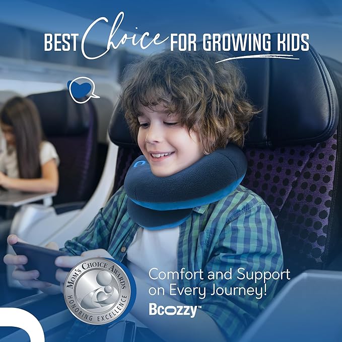BCOZZY Kids Travel Neck Pillow (8-12 Y/O) – Patented Soft Child Pillow for Head & Chin Support in Car, Airplane, and Road Trip Sleeping. Adjustable Size. Carry Bag. Fully Washable. Medium, Light Blue