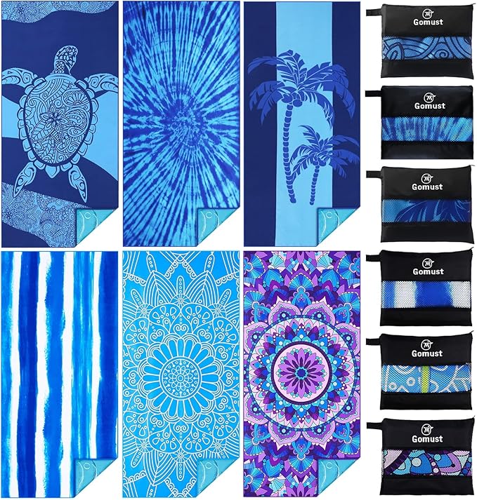 6 Pack Lightweight Thin Beach Towel Oversized 71"x32" Big Extra Large Microfiber Sand Free Towels for Adult Quick Dry Travel Camping Beach Accessories Gift Turtles Tie Dye Coconut Tree Mandala Stripe