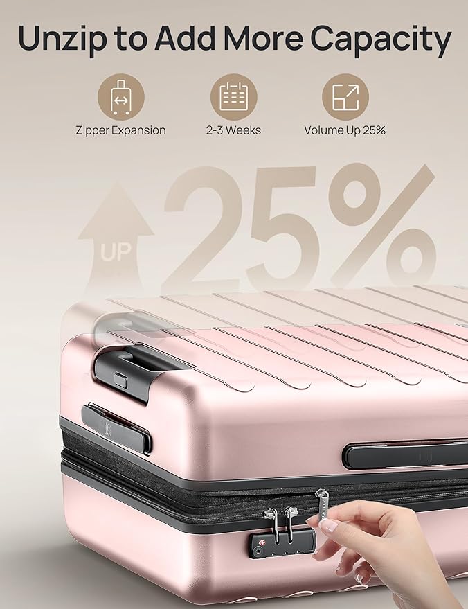 Carry on Luggage 22 X 14 X 9 Airline Approved, 20 Inch Luggage for 3-5 Days Travel, Double Spinner Wheels, 100% Hardshell PC, TSA Lock (00-Pink (Expandable), Checked 28-Inch)