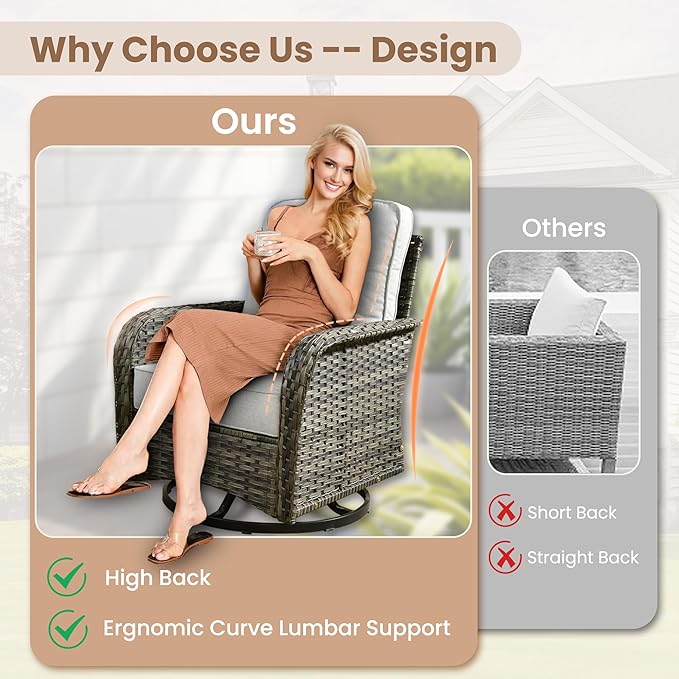 HOOOWOOO Patio Furniture Set,8 Pieces Outdoor Conversation Set,All Weather Wicker Loveseat Sofa Set with High Back Swivel Rocking Chairs Tables,Light Gray