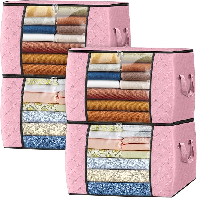 Fab totes 24 Gallons Clothes Storage, Foldable Thick Fabric Blanket Storage Bags, Containers for Organizing Bedroom, Closet, Clothing, Comforter, Organization with Handle (4 Pack,Pink)