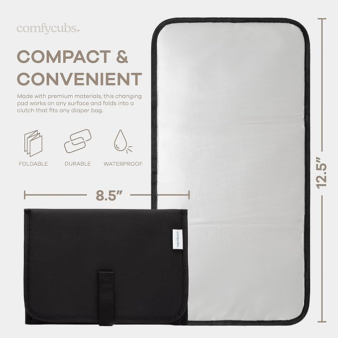 Comfy Cubs Baby Changing Pad Compact Size - Waterproof Diaper Changing Mat with Cushioned Pillow - Soft & Lightweight, Foldable Design for Travel - Stylish Design for Boys and Girls - Solid Black