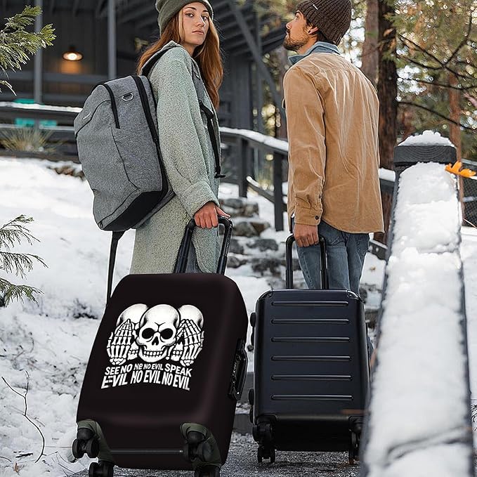 ANNA QUEEN Gothic Skull Luggage Cover, “See No Evil, Hear No Evil, Speak No Evil” Skeleton Design, Stretchable, Washable Suitcase Protector for 24-26 Inch Travel Suitcases