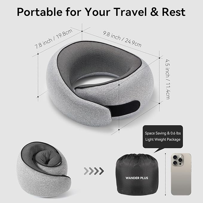 WANDER PLUS® Genuine Travel Pillow, 100% Pure Memory Foam Neck Pillow for Airplanes, Comfortable Breathable Cover, 360° Support Stowable Pillows for Sleeping, Car, Airport Travel Essentials Pink