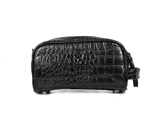 10" Premium Leather Toiletry Travel Pouch With Waterproof Lining | King-Size Handcrafted Vintage Dopp kit By Aaron Leather Goods (Grease Black)
