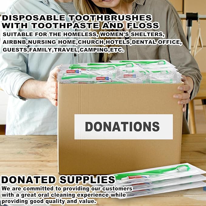 Disposable Toothbrushes with Toothpaste and Floss,200Pcs Green Single Use Individually Wrapped Disposable Travel Toothbrushes and Dental Floss Kit Bulk for Homeless,Airbnb,Hotel,Dentist