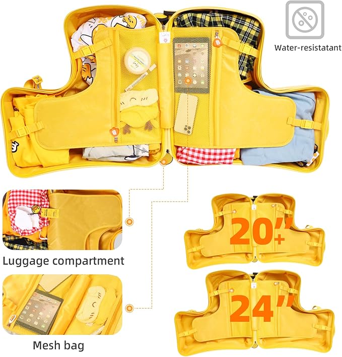 Kids' Lightweight Ride on Luggage with Spinner Wheels & Foldabe Design (Yellow Study, 24"+ Aged 3-12 Toddler)
