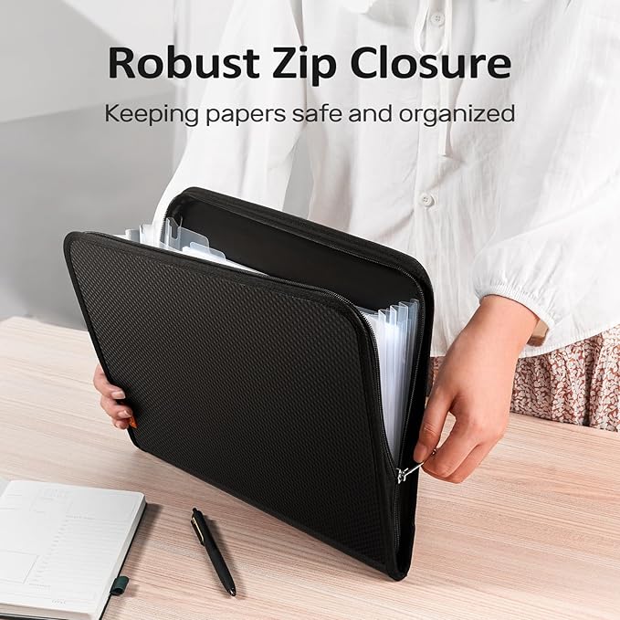 Sooez 7 Pockets Accordion File Organizer, Zipper Expanding File Folder, Heavy Duty Folder Organizer, Sleek Letter Size Accordion Folder, Portable Expandable File Folder for Documents, Black