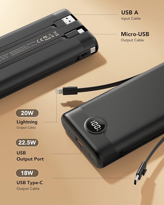 VEEKTOMX Portable Charger with Built-in Cables 30000mAh Power Bank for iPhone 22.5W Fast Charging USB C Battery Pack Travel Essentials Powerbank Compatible with iPhone, Android, etc(1 Pack)