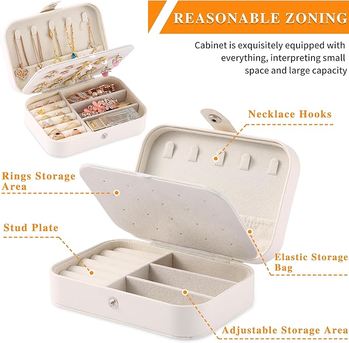 Travel Jewelry Box, PU leather Small Jewelry Organizer For Female Girls, double layer portable mini travel case for storing earrings, rings, necklaces.(Bright White 2pcs)