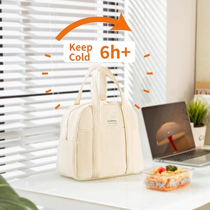 Insulated Lunch Bag for Women, 6-Hour Cold Retention Cooler Tote with Sturdy Handle, 15-Can Spacious Capacity, Leakproof Corduroy Fabric & Aluminum Foil Lining (Coffee)