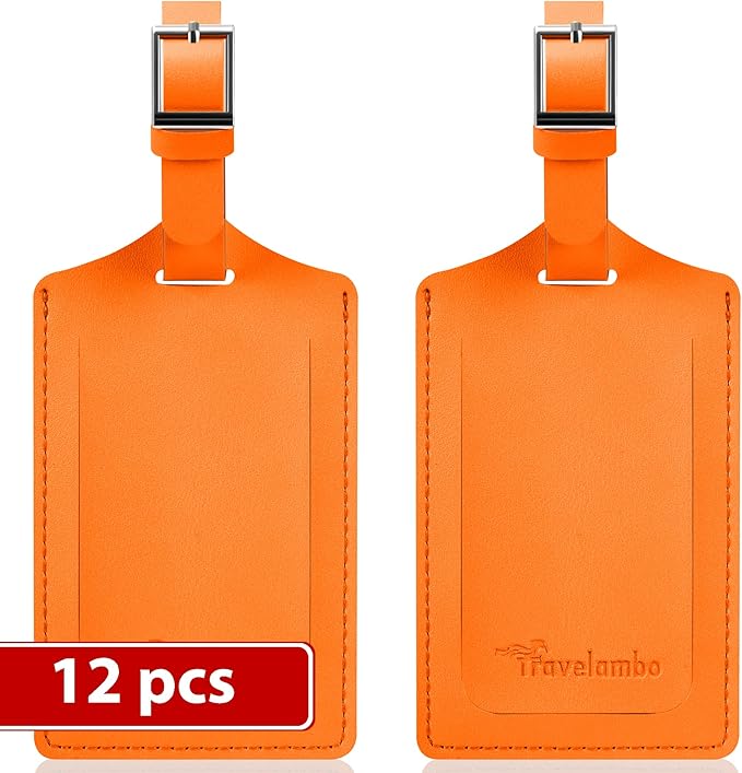 Travelambo Luggage Tags for Suitcases Faux Leather Privacy Protection 12 Pack Bag Tags Travel Accessories Essential, Hot Orange
