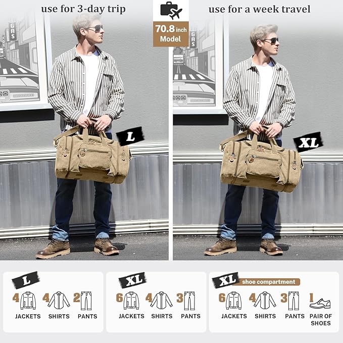 Gonex Canvas Duffle Bag for Travel 50L Expandable Duffel Weekend Overnight Bag (Khaki)