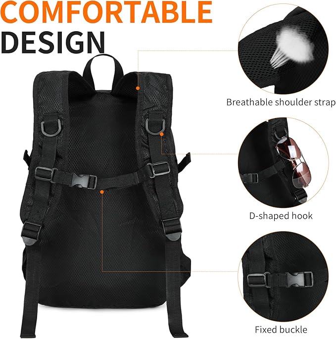 Small Hiking Daypack,15L Water-Resistant Hiking Backpack Packable Lightweight Travel Day Pack for Women Men (Black, Small)