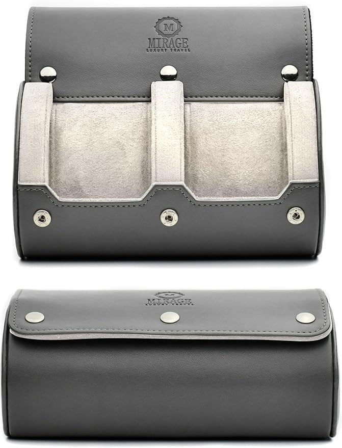 2 Watch Roll Travel Case for Men - Double Watch Case - Slate Grey/Ivory White Vegan Leather