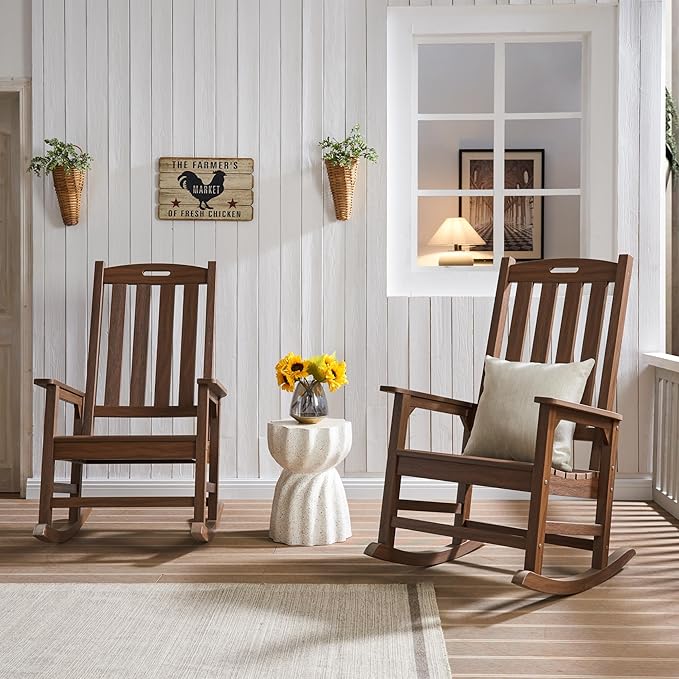 Psilvam Outdoor Rocking Chair Set of 2, Poly Lumber Oversized Rocking Chair with 21" Wide Seat and 32" Tall Backrest, Pre-Assembled with Most Components for Effortless Installation(Bright Brown)
