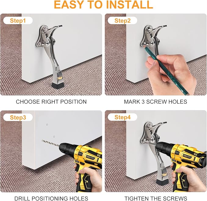 2 Packs Heavy Duty Kickdown Door Stopper, One Touch Adjustable Kickdown Door Stop for Heavy Doors, 4 in Metal Door Kickstand with Rubber Tip & Wall Protectors for Wide Doors