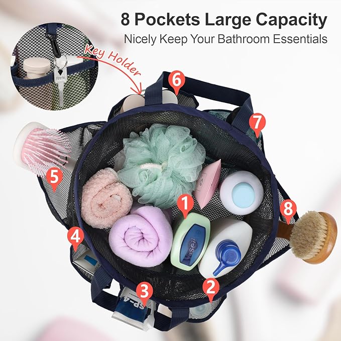 F-color Mesh Shower Caddy Portable with Drawstring - Deeper 7 Pockets Dorm Room Essentials for Guys Girls with S Hook, Shower Bag Tote for College Camping Toiletry Bathroom, Black with Dark Blue