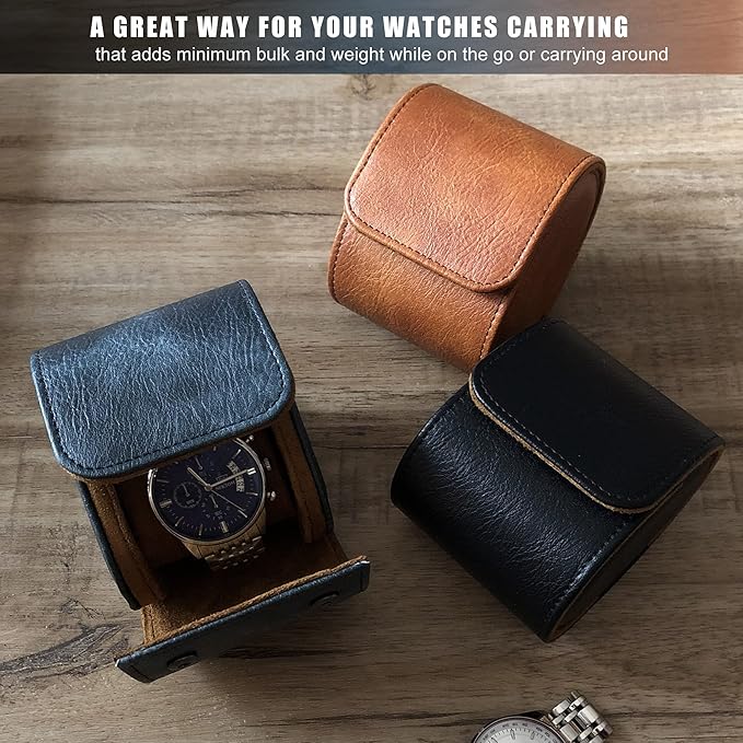 Longjet Watch Roll Travel Case for Men Portable Watches Organizer Box with Removable Velvet Pillow Holder (1 Slot Blue Grey)