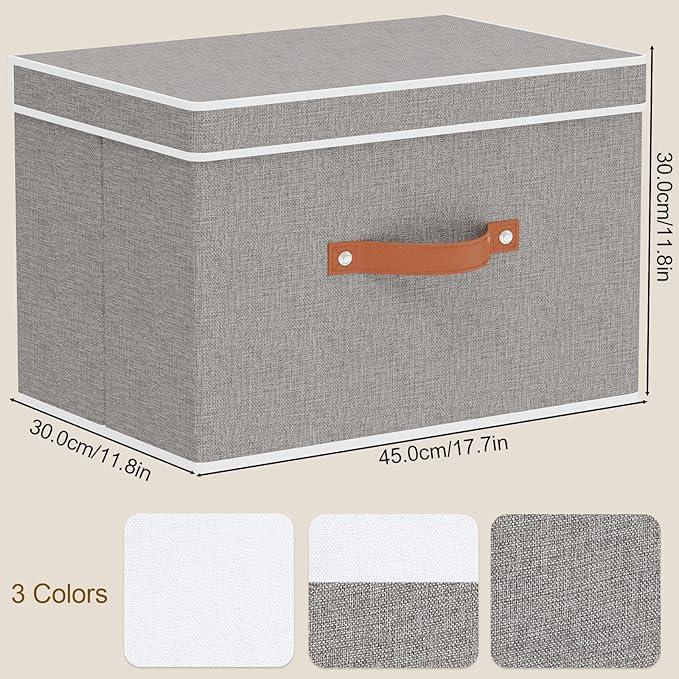 Collapsible Storage Bins with Lids, Linen Foldable Cloth Baskets, 17.7 x 11.8 x 11.8 Inch Closet Organizer Containers with Double Handles, Sweater Boxes for Bedroom, Grey, 3 Pack