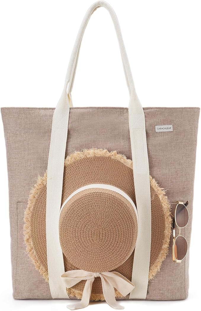 Large Beach Tote Bag with Zipper-Travel Tote Bag for Women with Sun Hat Holder Strap Boho Summer Beach Tote