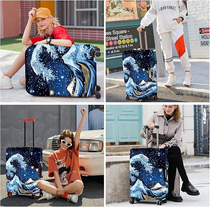 ANNA QUEEN Starry Ocean Wave Luggage Cover, Suitcase Protector with Artistic Van Gogh Style, Stretchable, Washable Travel Cover for 32-34 Inch Luggage
