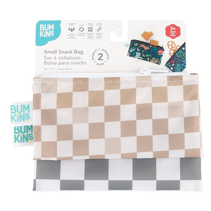 Bumkins Reusable Snack Bags, for Kids School Lunch and for Adults Portion, Washable Fabric, Waterproof Cloth Zip Bag, Supplies Travel Pouch, Food-Safe Storage, 2-pk Check