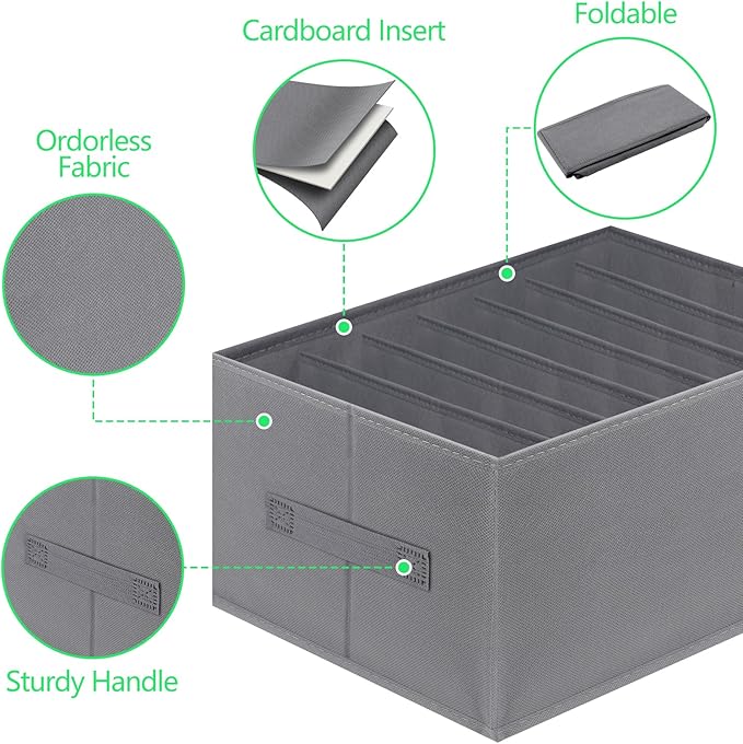 Jeans Organizer for Closet, Foldable Wardrobe Clothes Organizer with Handle, Stackable Closet Clothes Drawer Organizer Tshirts with 7 Grids for Leggings, Sweater, Jean, Pants, Grey (3 PCAK)